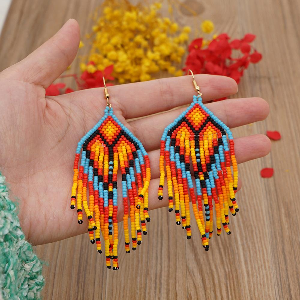 Go2bohoINS cross-border foreign trade temperament Bohemian ethnic wind earrings imported rice beads hand-woven tassel