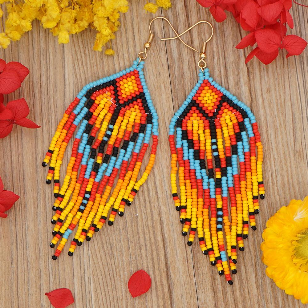 Go2bohoINS cross-border foreign trade temperament Bohemian ethnic wind earrings imported rice beads hand-woven tassel